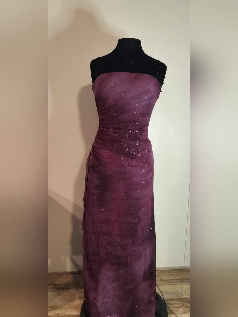 City Triangles Strapless Plum Evening Gown with Subtle Sparkle